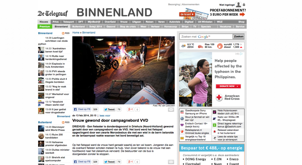 Vrouw botsing VVD-bord ernstig gewond