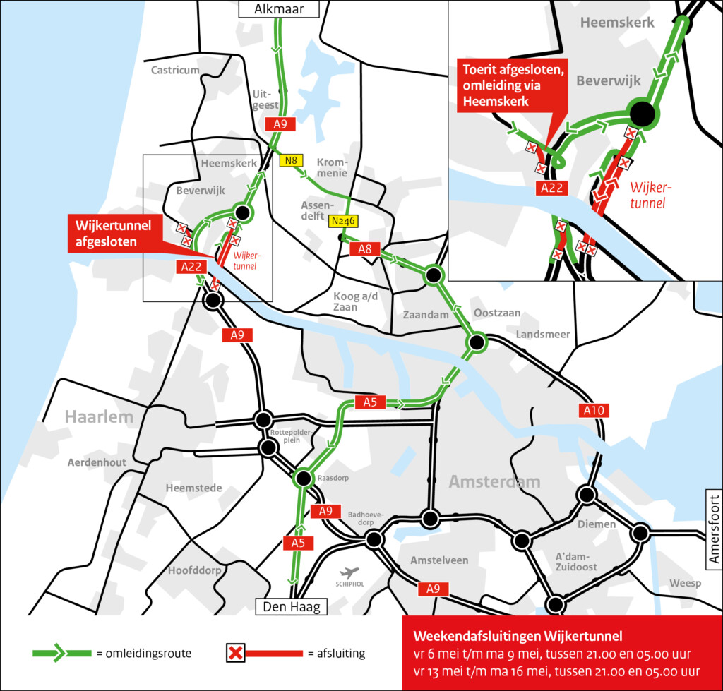 Wegafsluitingen Velsertunnel en Wijkertunnel vanwege werkzaamheden
